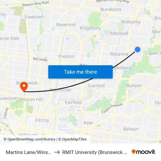Martins Lane/Winston Rd to RMIT University (Brunswick Campus) map