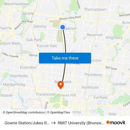 Gowrie Station/Jukes Rd to RMIT University (Brunswick Campus) map