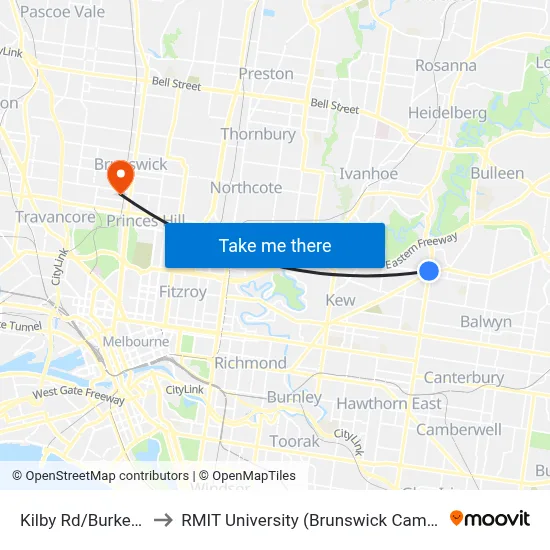 Kilby Rd/Burke Rd to RMIT University (Brunswick Campus) map