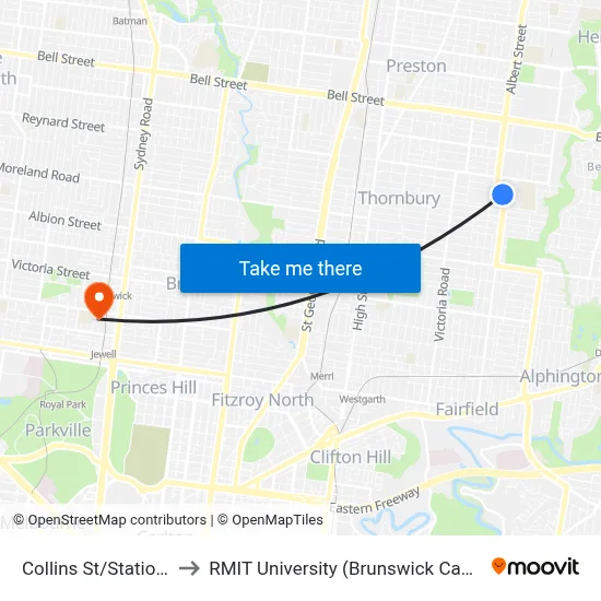 Collins St/Station St to RMIT University (Brunswick Campus) map