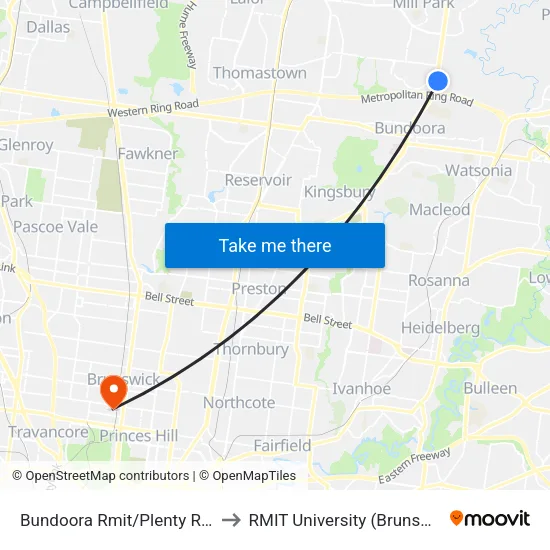 Bundoora Rmit/Plenty Rd to RMIT University (Brunswick Campus) map