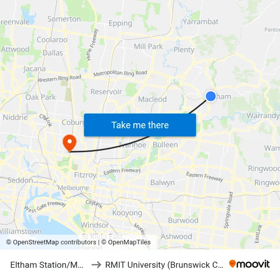 Eltham Station/Main Rd to RMIT University (Brunswick Campus) map