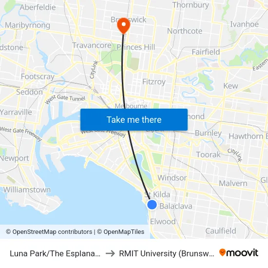 Luna Park/The Esplanade to RMIT University (Brunswick Campus) map
