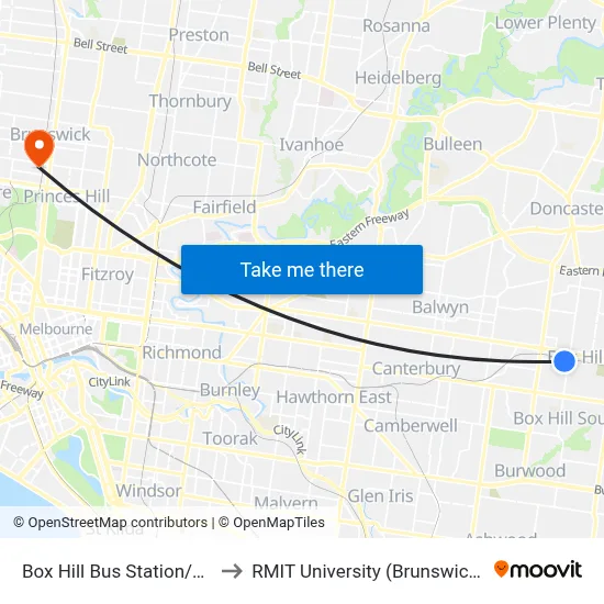 Box Hill Bus Station/Station St to RMIT University (Brunswick Campus) map