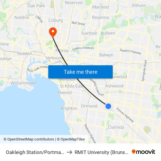 Oakleigh Station/Portman St (Oakleigh) to RMIT University (Brunswick Campus) map