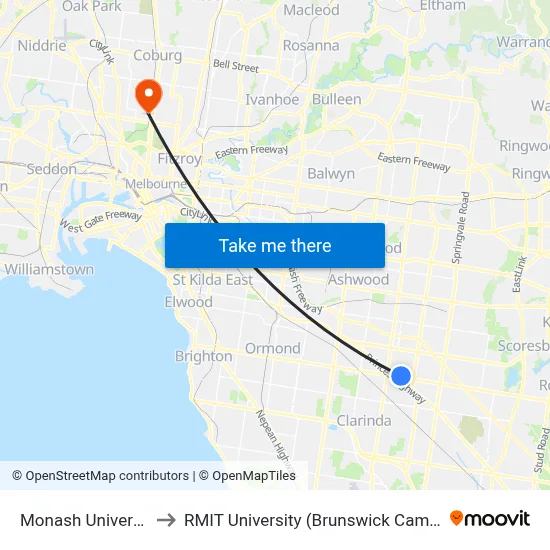 Monash University to RMIT University (Brunswick Campus) map
