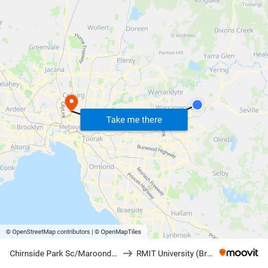 Chirnside Park Sc/Maroondah Hwy (Chirnside Park) to RMIT University (Brunswick Campus) map