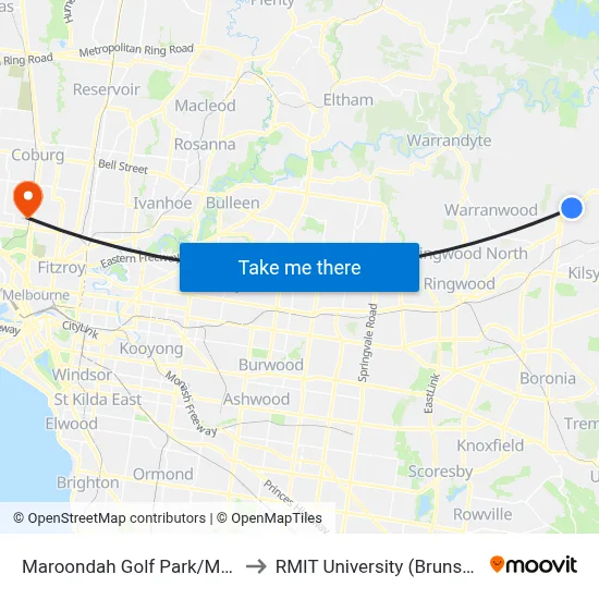 Maroondah Golf Park/Maroondah Hwy to RMIT University (Brunswick Campus) map