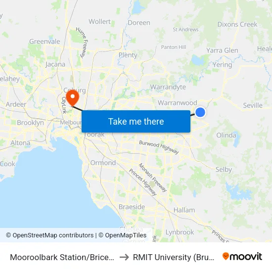 Mooroolbark Station/Brice Ave to RMIT University (Brunswick Campus) map