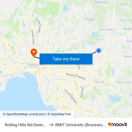 Rolling Hills Rd/Switchback Rd to RMIT University (Brunswick Campus) map