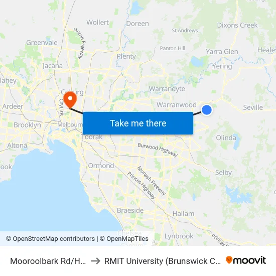 Mooroolbark Rd/Hull Rd to RMIT University (Brunswick Campus) map