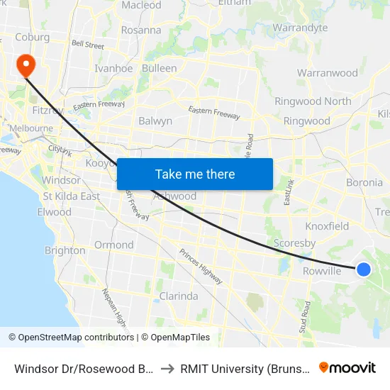 Windsor Dr/Rosewood Bvd to RMIT University (Brunswick Campus) map