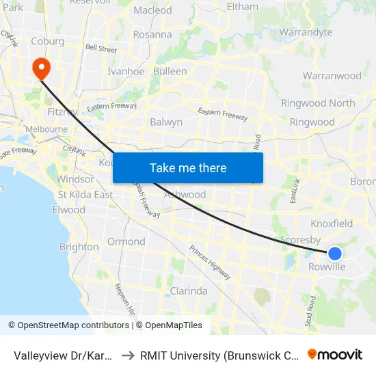 Valleyview Dr/Karoo Rd to RMIT University (Brunswick Campus) map