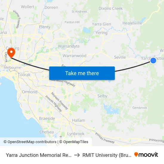 Yarra Junction Memorial Reserve/Warburton Hwy to RMIT University (Brunswick Campus) map