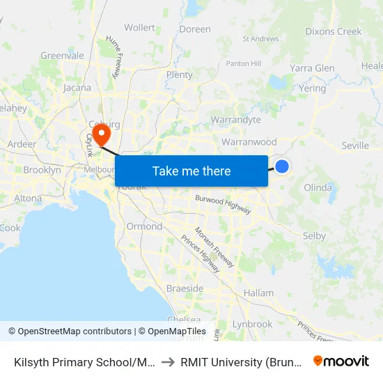 Kilsyth Primary School/Mt Dandenong Rd to RMIT University (Brunswick Campus) map