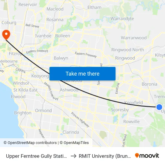 Upper Ferntree Gully Station/Burwood Hwy to RMIT University (Brunswick Campus) map