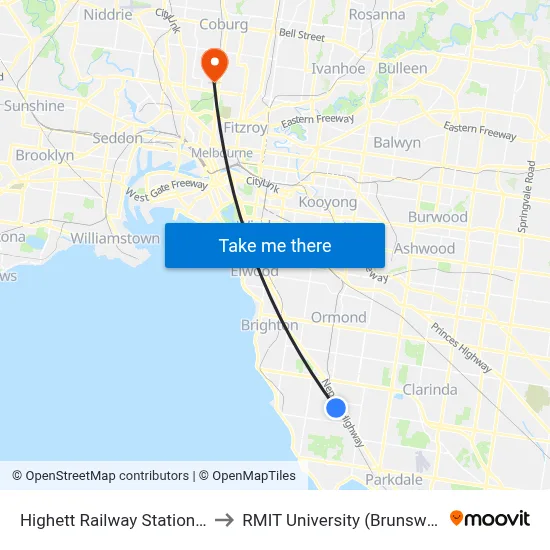 Highett Railway Station/Highett Rd to RMIT University (Brunswick Campus) map