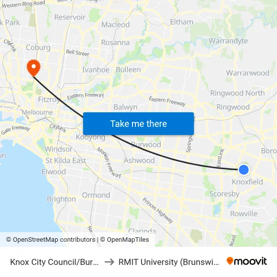 Knox City Council/Burwood Hwy to RMIT University (Brunswick Campus) map