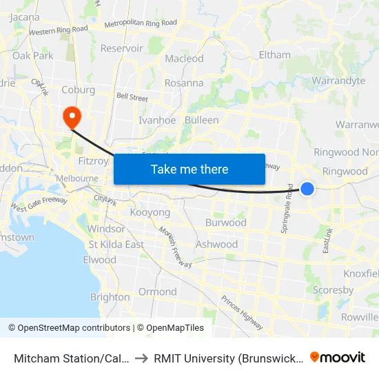 Mitcham Station/Calcutta St to RMIT University (Brunswick Campus) map