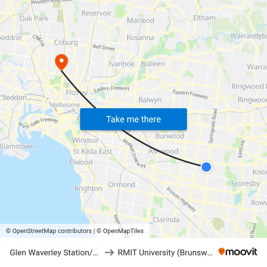 Glen Waverley Station/Railway Pde to RMIT University (Brunswick Campus) map