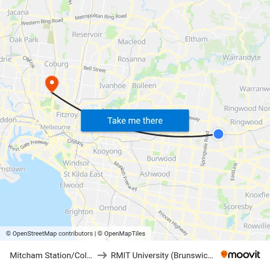 Mitcham Station/Colombo St to RMIT University (Brunswick Campus) map