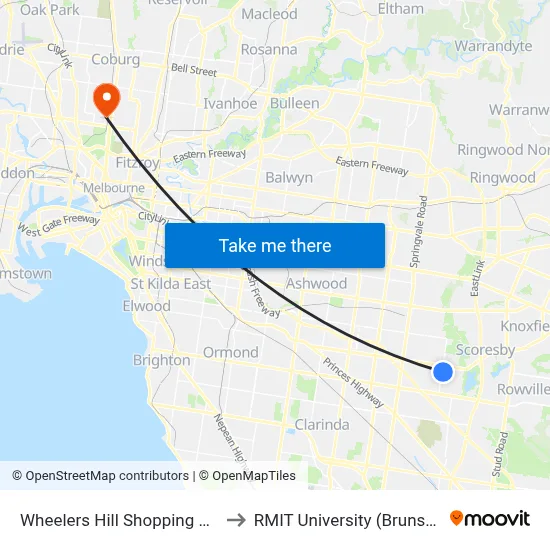 Wheelers Hill Shopping Centre/Jells Rd to RMIT University (Brunswick Campus) map
