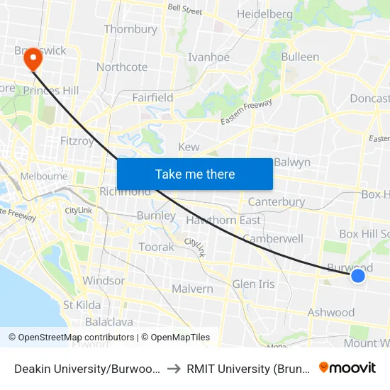 Deakin University/Burwood Hwy to RMIT University (Brunswick Campus) map