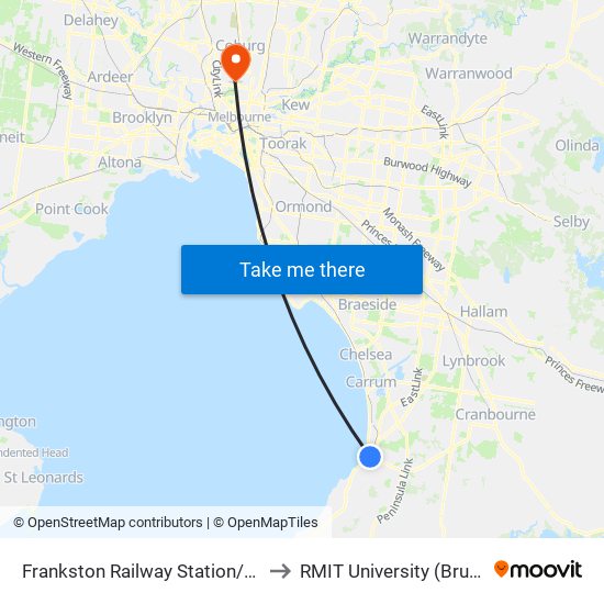 Frankston Railway Station/Young St (Frankston) to RMIT University (Brunswick Campus) map
