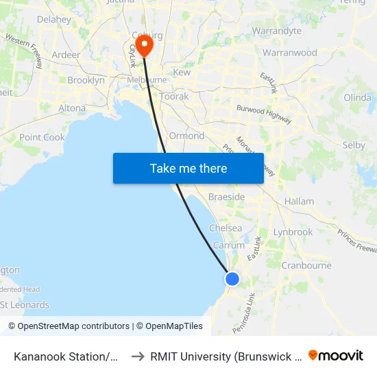 Kananook Station/Wells Rd to RMIT University (Brunswick Campus) map