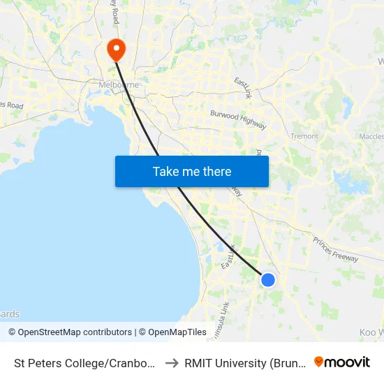 St Peters College/Cranbourne-Frankston Rd to RMIT University (Brunswick Campus) map