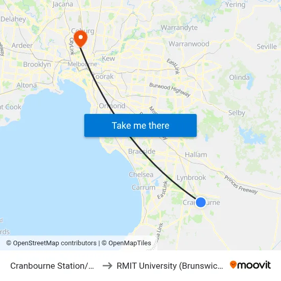 Cranbourne Station/Station St to RMIT University (Brunswick Campus) map