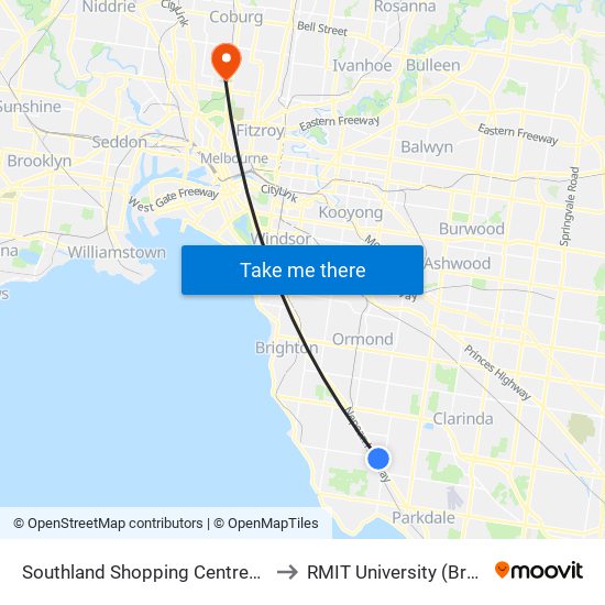 Southland Shopping Centre/Karen St (Cheltenham) to RMIT University (Brunswick Campus) map