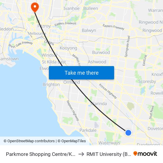 Parkmore Shopping Centre/Kingsclere Ave (Keysborough) to RMIT University (Brunswick Campus) map