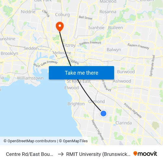 Centre Rd/East Boundary Rd to RMIT University (Brunswick Campus) map