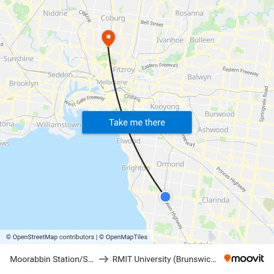 Moorabbin Station/Station St to RMIT University (Brunswick Campus) map