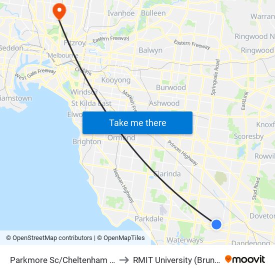 Parkmore Sc/Cheltenham Rd (Keysborough) to RMIT University (Brunswick Campus) map