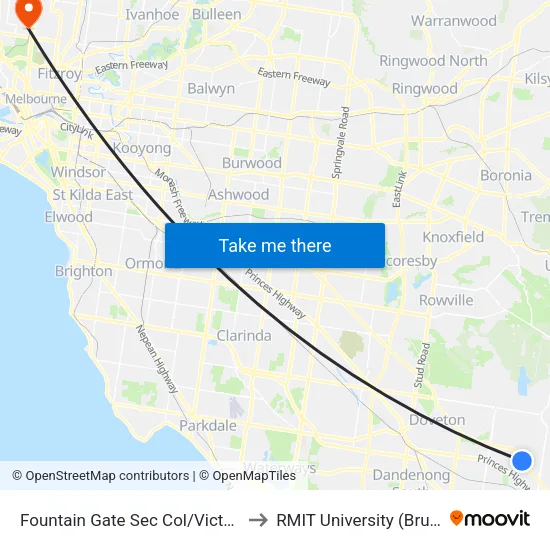 Fountain Gate Sec Col/Victoria Rd to RMIT University (Brunswick Campus) map