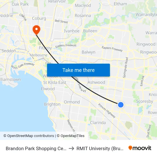 Brandon Park Shopping Centre/Springvale Rd to RMIT University (Brunswick Campus) map