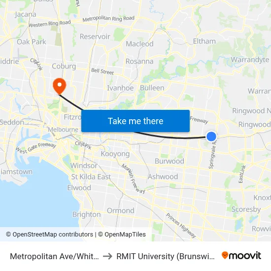 Metropolitan Ave/Whitehorse Rd to RMIT University (Brunswick Campus) map