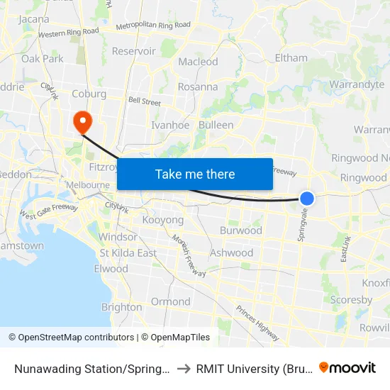 Nunawading Station/Springvale Rd to RMIT University (Brunswick Campus) map