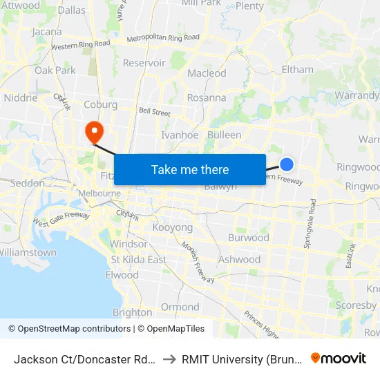 Jackson Ct/Doncaster Rd to RMIT University (Brunswick Campus) map