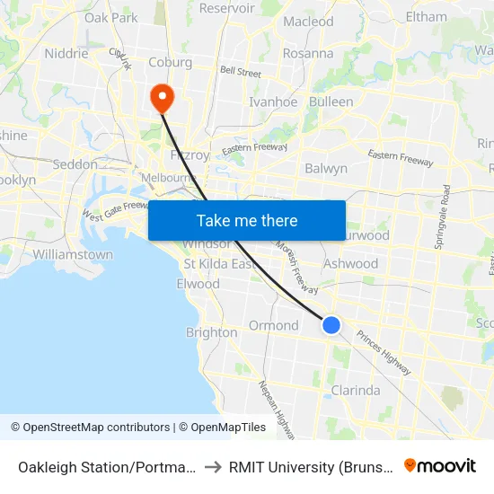 Oakleigh Station/Portman St to RMIT University (Brunswick Campus) map