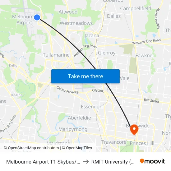 Melbourne Airport T1 Skybus/Arrival Dr to RMIT University (Brunswick Campus) map