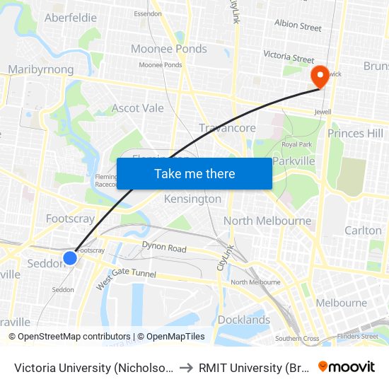 Victoria University (Nicholson)/Albert St (Footscray) to RMIT University (Brunswick Campus) map