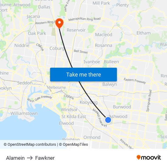 Alamein to Fawkner map