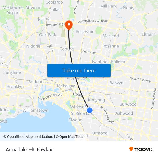 Armadale to Fawkner map