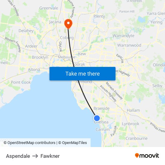 Aspendale to Fawkner map