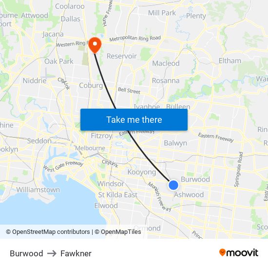 Burwood to Fawkner map