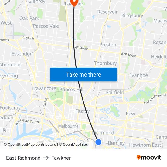 East Richmond to Fawkner map