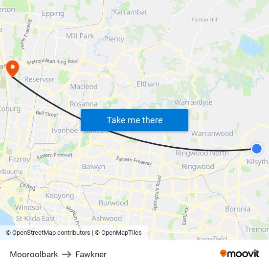 Mooroolbark to Fawkner map